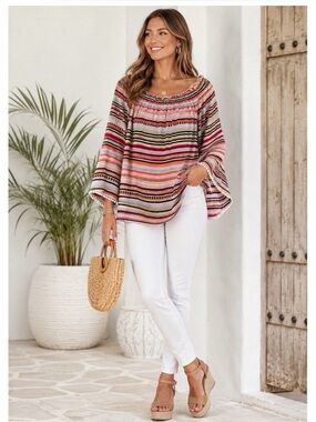 New Directions Boho Peasant Top L Bell Sleeve Festival Aztec Stripe Resort